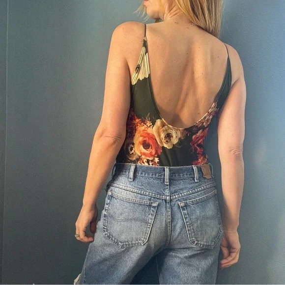 Polly & Esther Green Floral Spaghetti Strap Thong Bodysuit - Picture 3 of 10